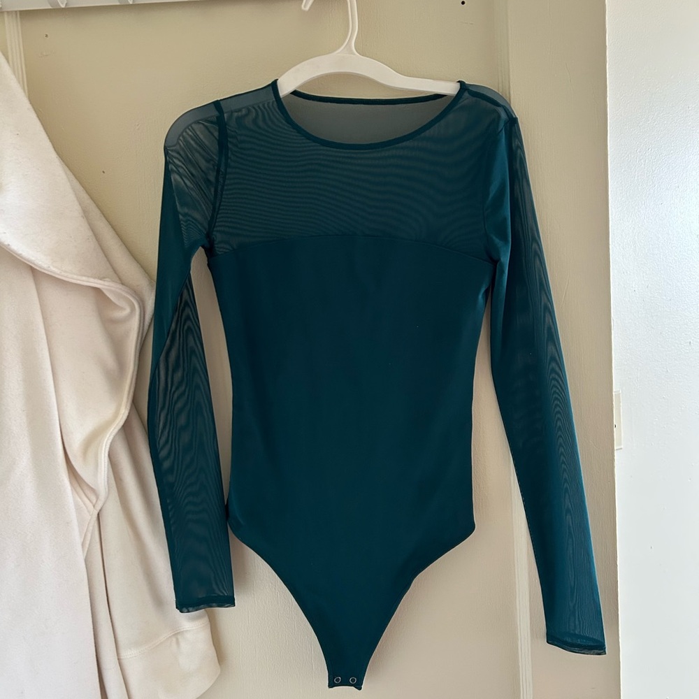 Green Teal Long Sleeve Mesh Bodysuit